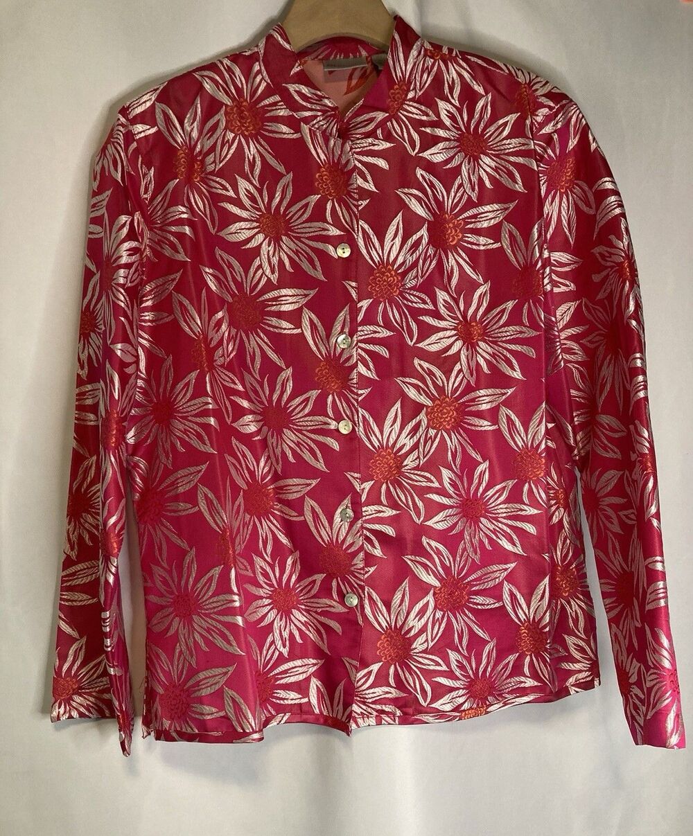 Chico’s Silk Blend Button Top Blouse Hawaiian Tropical Floral Sz 1 Hot Pink Chic